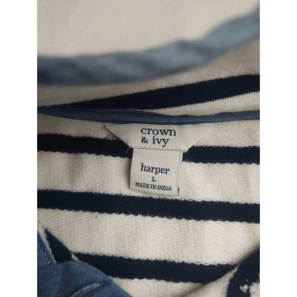 Crown & Ivy Harper Sweatshirt Womens Large Blue Striped Mock Neck Pullover